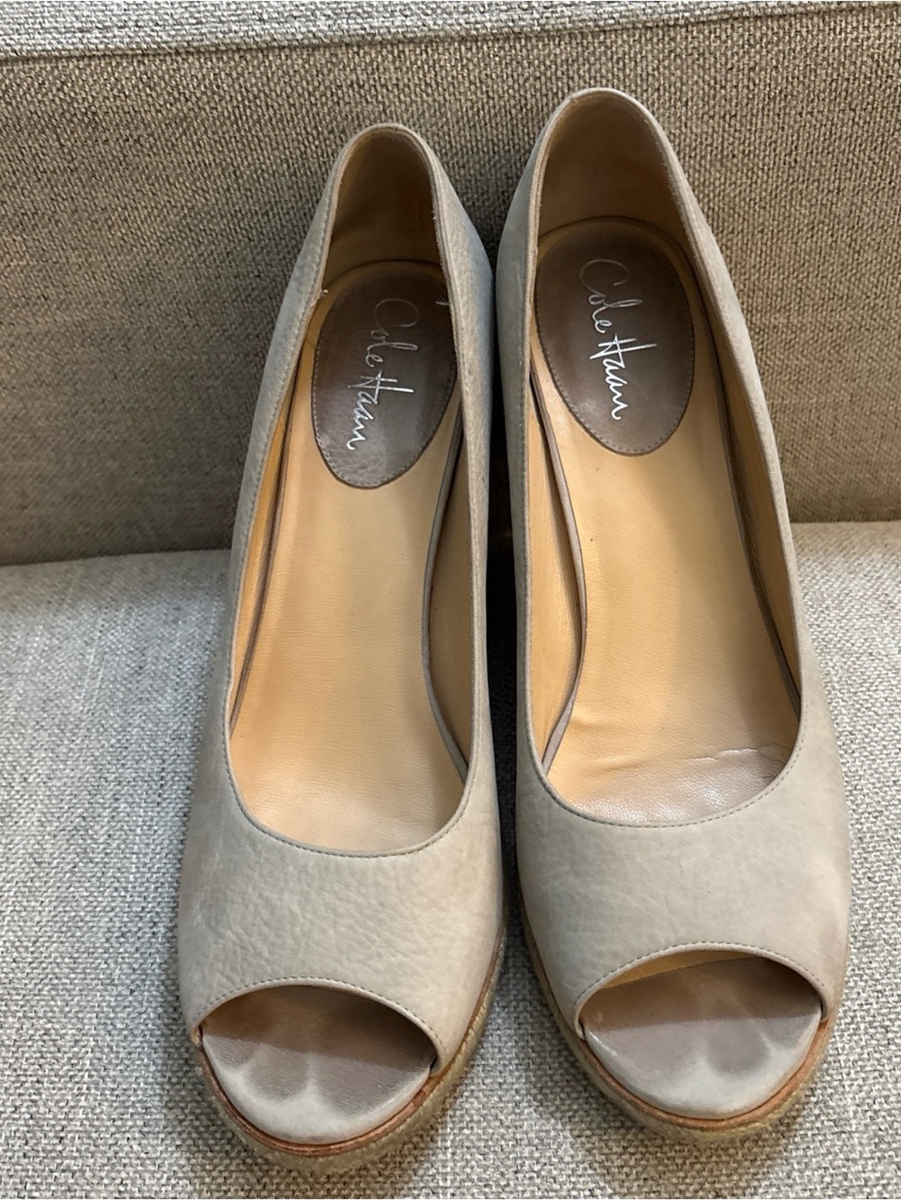 Cole Haan Taupe Open-Toe Leather Pumps